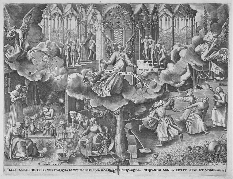The Wise and Foolish Virgins, engraving by Philips Galle after Pieter Bruegel the Elder, c. 1560