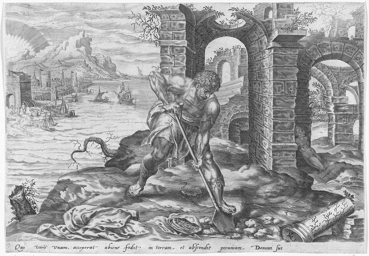The Servant Buries His Talent, engraving by Harmen Jansz Muller after Gerard van Groeningen, c. 1565–85